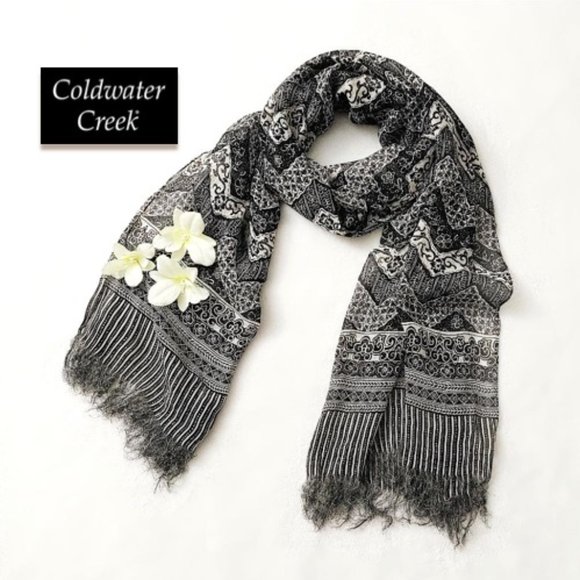 COLDWATER CREEK 100% Pure Silk Rect. Scarf Black White Grey Geo Floral Unisex - Picture 5 of 12
